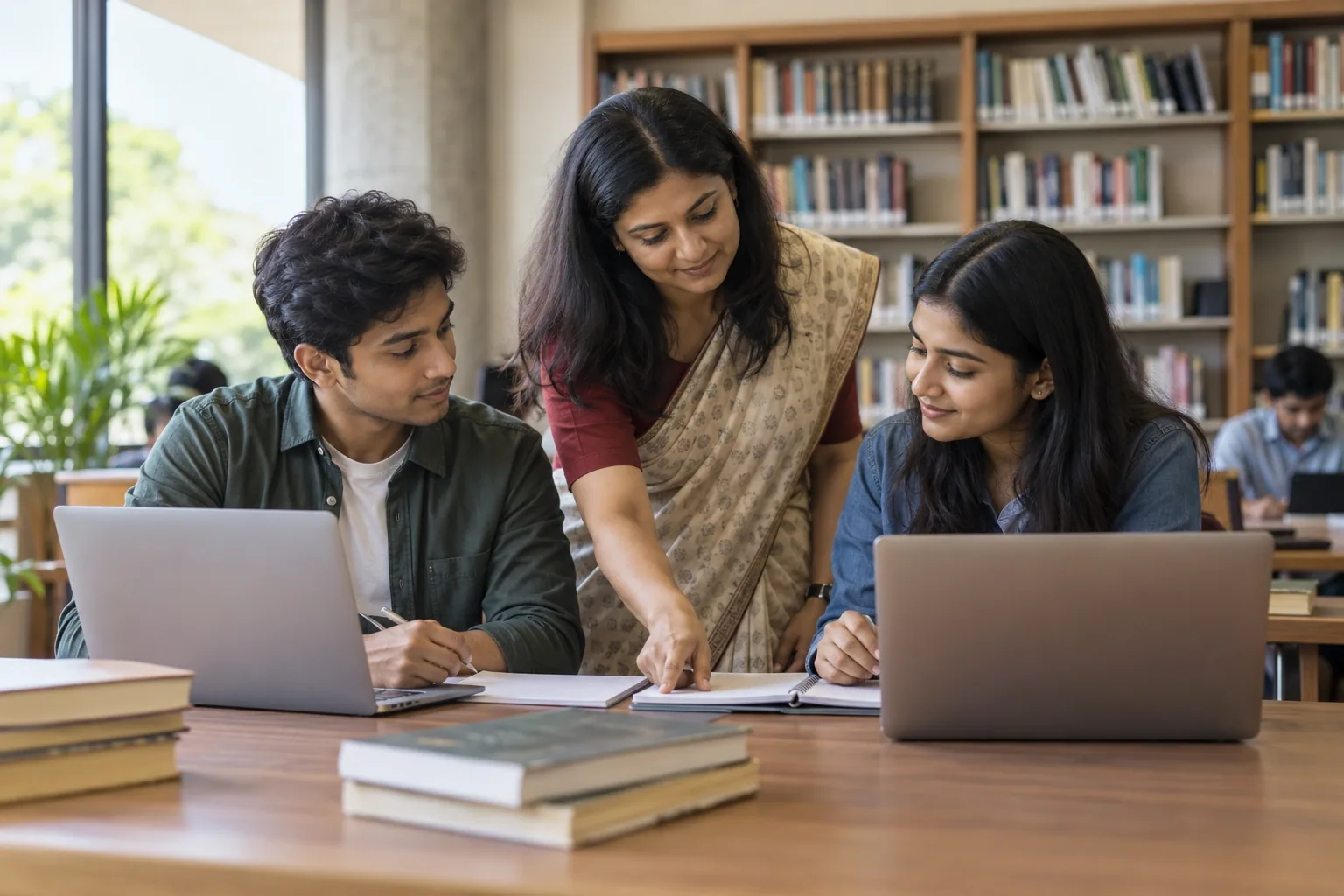 An Indian adult educator helping two university students at a shared library desk, notebooks and laptops with screens angled away, warm natural daylight.